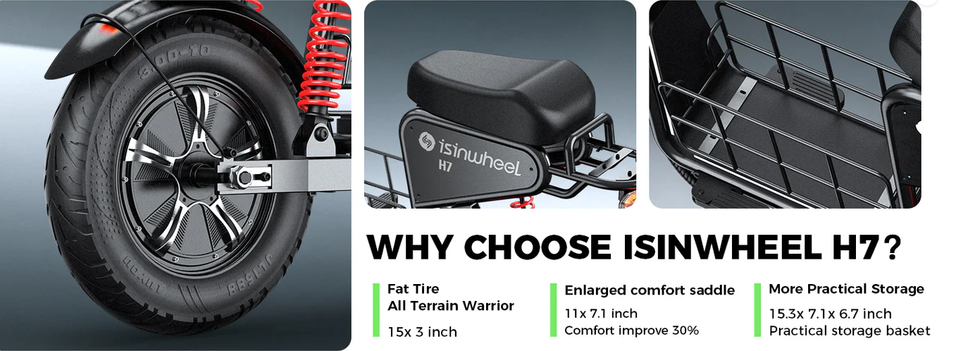isinwheel H7 56 KM/H Seated Adult Electric Commuting Scooter | 1500W | 69 KM Range | 15" Tires | Long Range E-Scooter